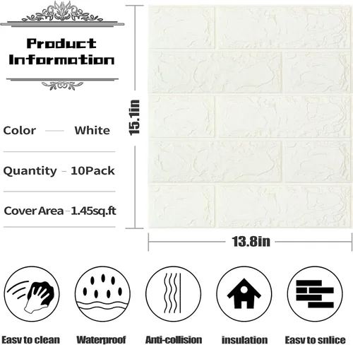 Vista 5 de 10 piezas de papel tapiz 3D de ladrillo para despegar y pegar, paneles de pared 3D blancos autoadhesivos, papel tapiz extraíble, impermeable, espuma