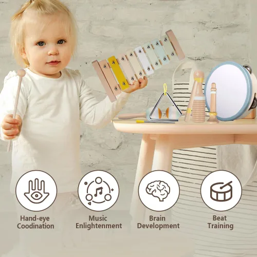 Vista 3 de Instrumentos musicales para bebés, juguetes Montessori de madera para niños pequeños de 1 a 3 años, colores neutros, juego de instrumentos