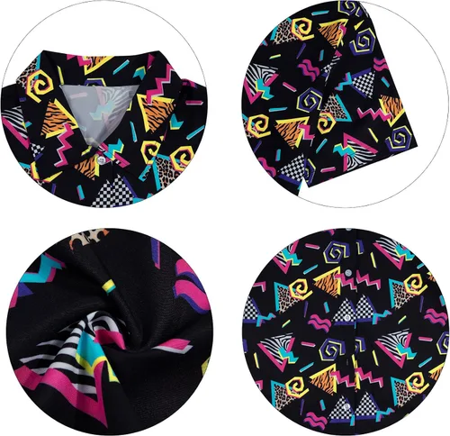 Vista 7 de Trajes de los años 80 y 90 para mujer, camisa de discoteca retro para fiesta temática de los años 80, camisa hawaiana de neón con botones y manga