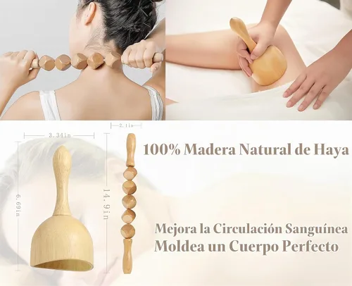 Vista 3 de Herramientas de masaje de terapia de madera, kit de maderoterapia, herramientas de escultura corporal para drenaje linfático y anticelulitis.