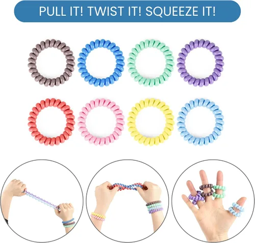 Vista 2 de Pulseras sensoriales antiestrés para niños y niñas, paquete de 8 pulseras elásticas de bobina para niños con autismo, TDAH, SPD o necesidades