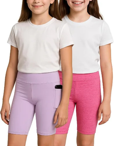 Vista 3 de Pantalones cortos de ciclismo para niñas, paquete de 4 pantalones cortos de compresión atlética de cintura alta para niñas, para baile, yoga