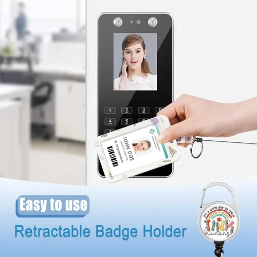 Vista 4 de Soporte para tarjetas con cordón y clip retráctil para carrete de insignias, bonito protector de identificación vertical de arco iris, llavero