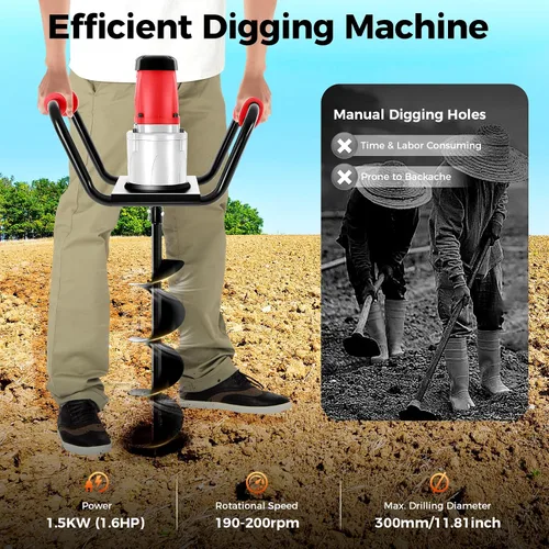 Vista 2 de Excavadora eléctrica de agujeros para postes de 1500 W con broca de taladro de 6 pulgadas, taladro de tierra de 1.6 HP para postes de valla