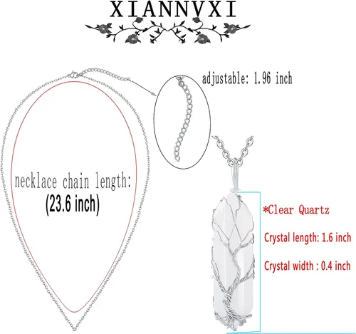 Vista 6 de XIANNVXI Collar con colgante de luna creciente envuelta en alambre con forma de árbol de la vida Collar con piedras de cristal curativo de reiki