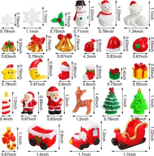Vista 2 de Kathfly 80 figuras en miniatura de invierno para manualidades, Papá Noel, muñeco de nieve, mini campana de paisaje de resina, copo de nieve, árbol