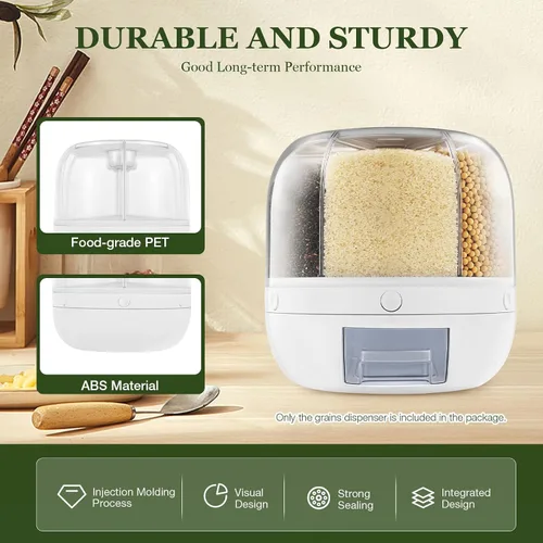 Vista 3 de LOYALHEARTDY Dispensador de arroz y granos de 6 rejillas, contenedores de arroz automáticos giratorios de 360°, cubo de arroz de 13 libras con taza
