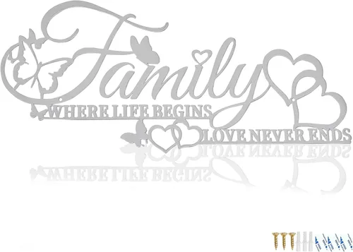 Vista 9 de Family Where Life Begins Love Never Ends Word - Decoración de pared de metal negro con corazón de mariposas, escultura colgante de letras de hierro