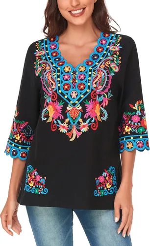 Vista 5 de YZXDORWJ Blusa de verano para mujer, estilo bohemio, estilo mexicano, con bordado bohemio