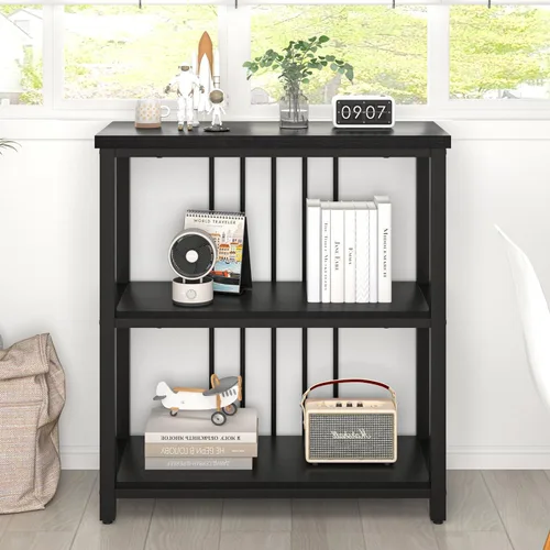 Vista 7 de FOLUBAN Estantería, Librero Moderno de 3 Niveles, Estantes de Libros de Madera y Metal para Sala de Estar, Oficina, Dormitorio, Roble Negro Rústico