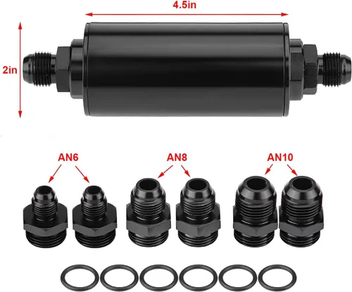 Vista 2 de AUCELI Filtro de combustible de gas en línea de 50 mm, filtro de aire con adaptador 6AN 8AN 10AN, accesorios de filtro de combustible/gas/gasolina