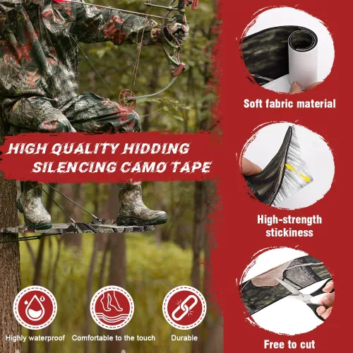 Vista 4 de Cinta silenciadora de camuflaje, 2 rollos de cinta autoadhesiva silenciadora de tela protectora para silenciar accesorios de caza de metal