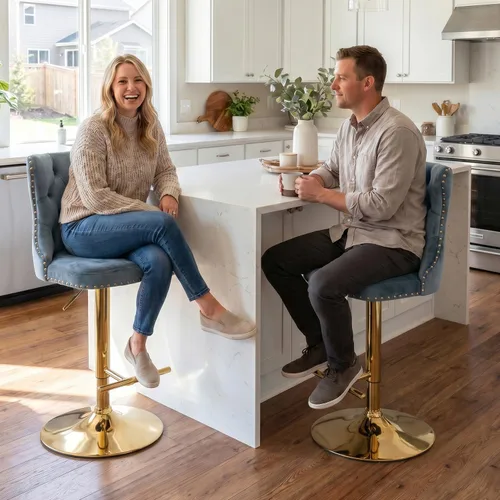 Vista 187 de SoarFlash Juego de 2 taburetes de bar tapizados de terciopelo moderno con patas de madera, botones acolchados, cabeza de clavo cromada, asiento