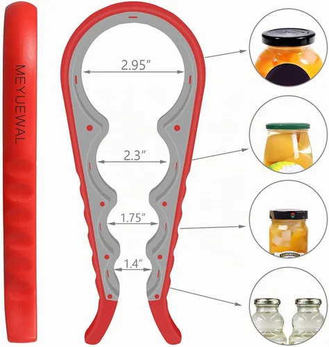 Vista 2 de Abridor de Frascos, Kit Abridor de Latas y Botellas Multifunción 5 en 1 con Mango de Silicona Fácil de Usar para Niños, Ancianos y Personas con Rojo