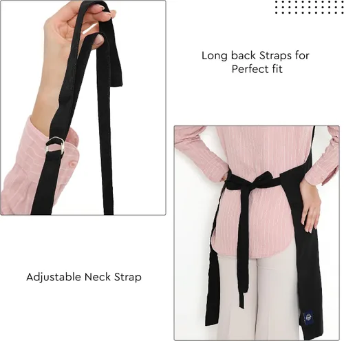 Vista 4 de Encasa XO Delantal de algodón ajustable con bolsillos y toallero de tamaño 27 x 33 pulgadas (negro completo) para hombres y mujeres, chefs