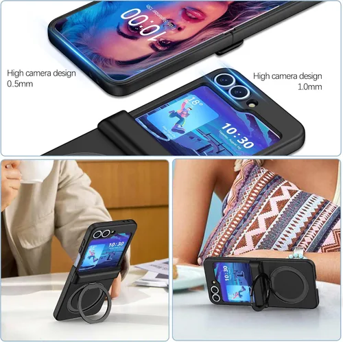 Vista 3 de Funda magnética diseñada para Samsung Galaxy Z Flip 6/5 con protección de bisagra, protector de pantalla y soporte [compatible con MagSafe], funda