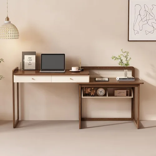 Vista 2 de Lartis Escritorio extensible de madera maciza de 70 pulgadas, mesa de estudio de almacenamiento con unidad lateral, banco de trabajo multifuncional