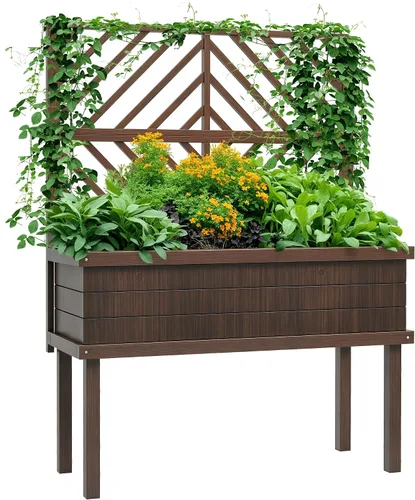 Vista 11 de Outsunny - Jardinera elevada de madera con estante de almacenamiento, orificios de drenaje y forro para el patio trasero, la terraza, el balcón, 47