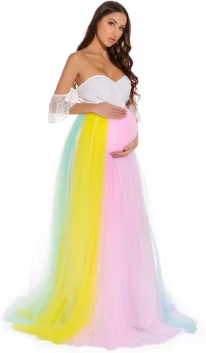 Vista 3 de ZIUMUDY Vestido de tul de maternidad arcoíris para sesión de fotos, vestido de tutú de maternidad, vestido de baby shower, vestido de dama de honor