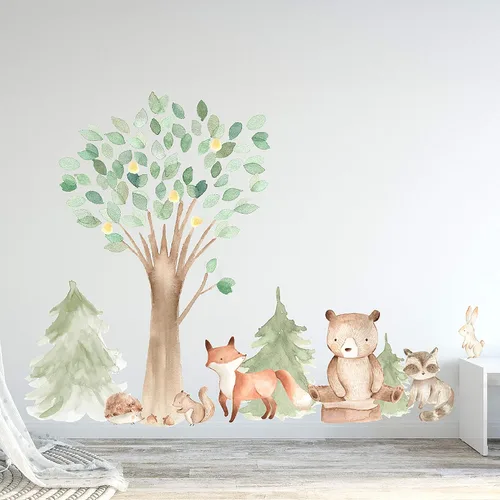 Vista 3 de InnovativeStencils - Calcomanía de pared de acuarela de bosque, pino y roble, criaturas animales – oso, zorro, mapache, conejo, ardilla
