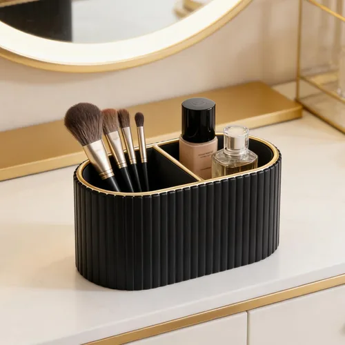 Vista 6 de KINGFOM Organizador de brochas de maquillaje con divisor, soporte de piel sintética para encimera de baño y tocador, organizador de almacenamiento