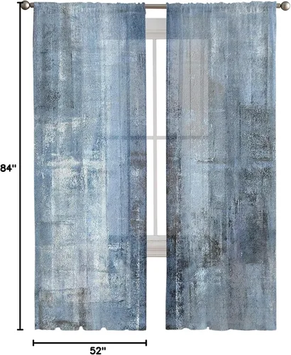 Vista 8 de Cortinas traslúcidas azules abstractas de 84 pulgadas de largo, juego de 2 paneles y cortinas semicortinas grises con bolsillo para barra de cocina