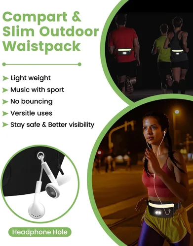Vista 6 de Riñonera delgada para hombres y mujeres, riñonera con luz nocturna RGB recargable extraíble y cinta reflectante, bolsa para correr con agujero