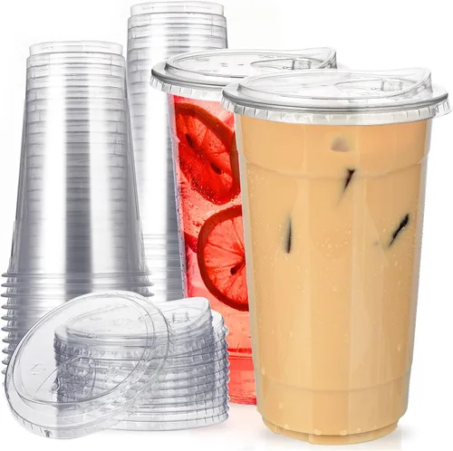 Vista 8 de Vasos de plástico transparente de 12 oz con tapas sin pajita, 25 juegos de vasos desechables de plástico para café helado, vasos para llevar