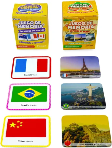 Vista 2 de Menique Paquete de juego de memoria español – Banderas del Mundo + Explora el Mundo – 200 cartas, 100 pares – Banderas, capitales y lugares icónicos