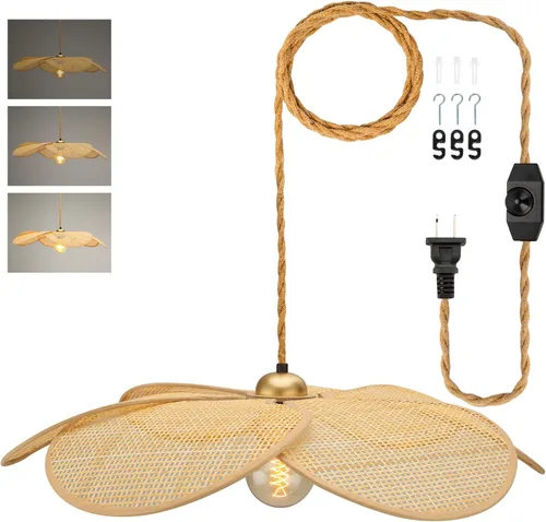 Vista 8 de Lámpara colgante boho con enchufe, lámpara de araña boho regulable sin escalones con pantalla tejida de bambú y lino, lámpara colgante enchufable