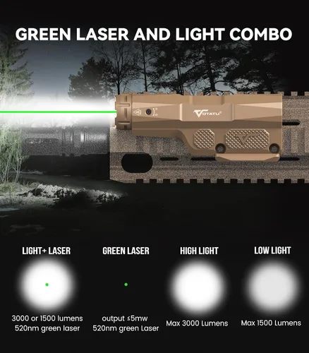 Vista 2 de VOTATU M8L-G - Combo láser de luz de 3000 lúmenes compatible con Mlok/Picatinny, linterna con función estroboscópica y haz láser verde