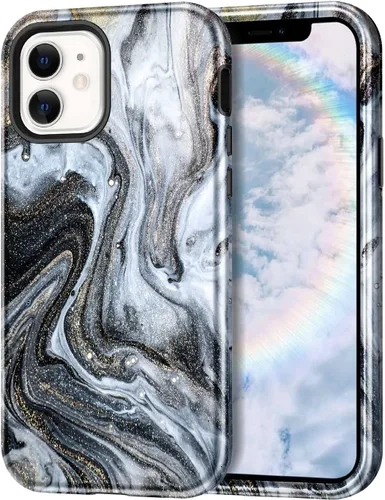 Vista 10 de Btscase para iPhone 12/iPhone 12 Pro, funda resistente de tres capas de mármol a prueba de golpes, cuerpo completo, PC duro + parachoques de TPU