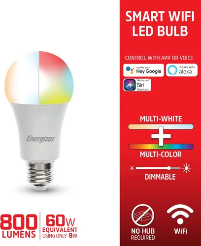 Vista 2 de Energizer Connect Smart A19 - Bombilla LED RGB multicolor y multicolor con control de voz y acceso remoto a través de tu teléfono inteligente