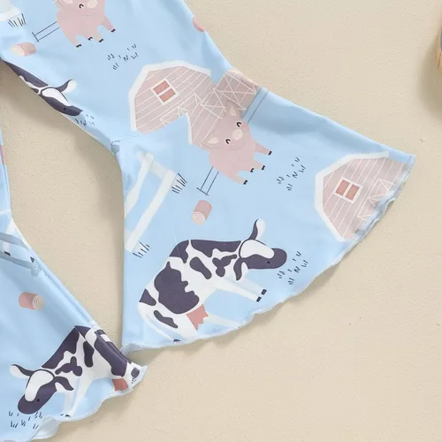 Vista 20 de fhutpw Conjunto de camiseta de manga corta con estampado de vaca y pantalones acampanados de dibujos animados para niñas