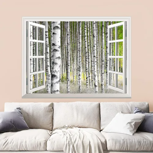 Vista 22 de Mural autoadhesivo, casa del árbol en el bosque, visualización de ventana creativa, decoración de paredes