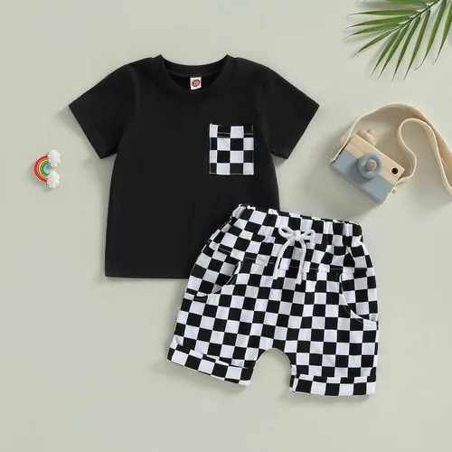 Vista 2 de Karuedoo Conjunto de camiseta de manga corta a cuadros para bebé niño y niña, conjunto de camiseta y pantalones cortos de moda para niños pequeños