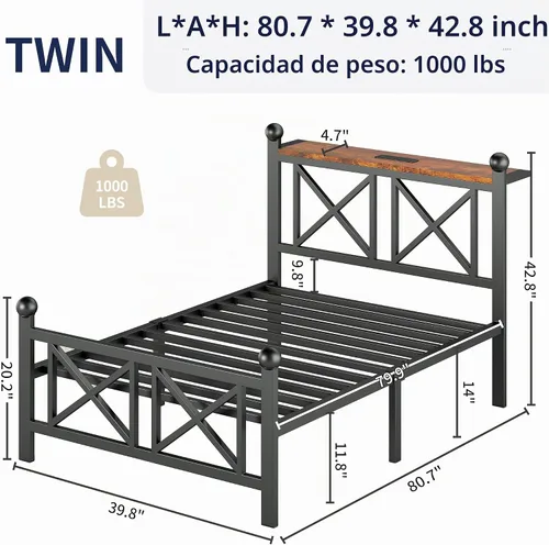 Vista 2 de DynJest Base de cama negra de tamaño individual con luces LED, cama de metal resistente con cabecera y piecero, estante de almacenamiento con Negro
