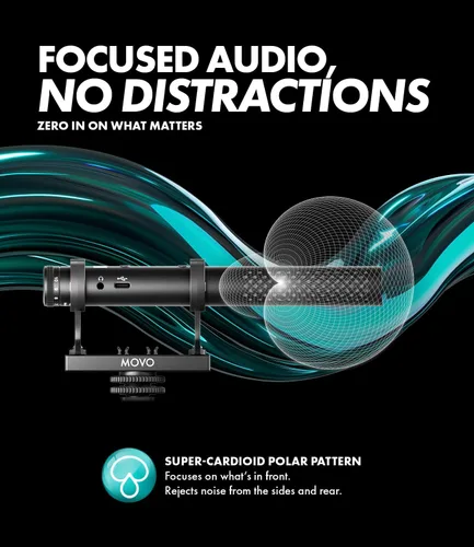 Vista 6 de Movo X1 Supercardioid Shotgun Microphone - Micrófono de cámara de 3.5mm/XLR/USB-C para DSLR, smartphones y computadoras - Micrófono de boom