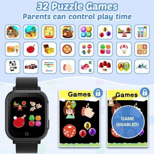 Vista 5 de Reloj inteligente impermeable para niños con 32 juegos, cámara dual, video, seguimiento de hábitos, reproductor de música, podómetro, protectores