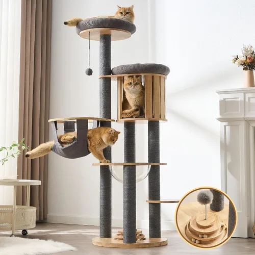 Vista 10 de Moderno árbol de madera maciza para gatos de interior de hasta 15 libras, torre para gatos de 49 pulgadas de alto con postes rascadores y rascador