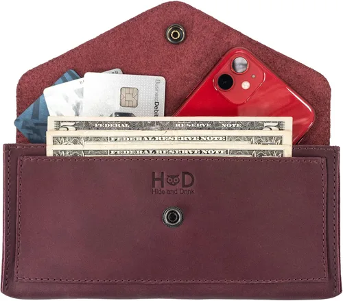Vista 9 de Hide & Drink, Cartera grande de cuero para mujer, organizador de dinero, billetes planos, bolsa, estuche, elegante, hecho a mano, Bourbon Marrón