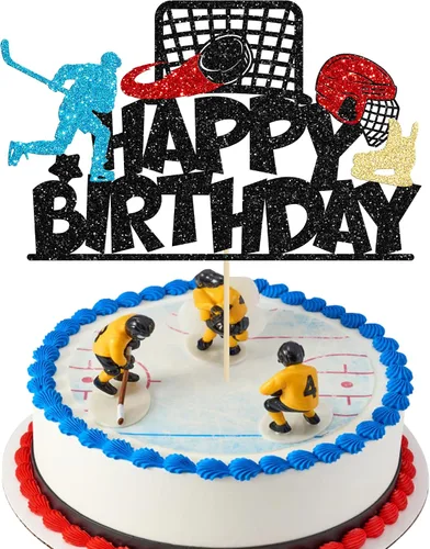 Vista 8 de Gyufise 24 adornos de hockey para cupcakes con purpurina negra, jugadores de hockey con purpurina, selecciones de cupcakes, hockey sobre hielo