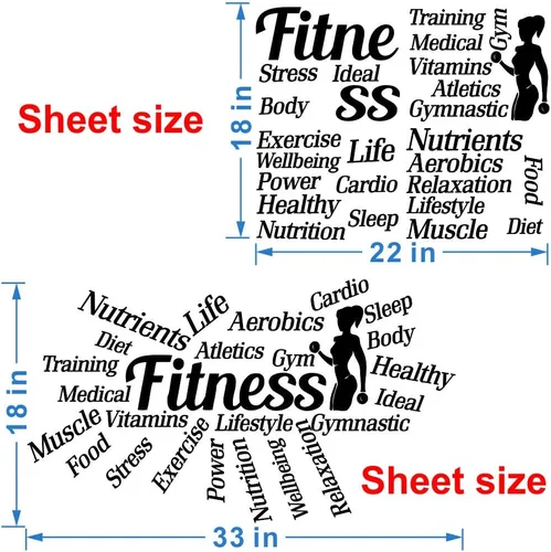 Vista 2 de Calcomanía de pared de fitness, 18 x 33 pulgadas, calcomanía motivacional de PVC con palabras como entrenamiento, alimentos, potencia, sueño