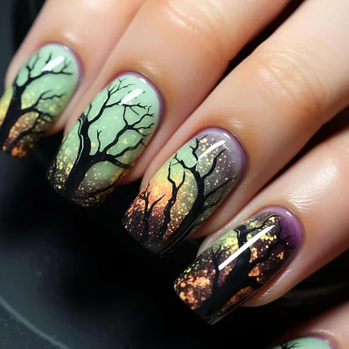 Vista 28 de Uñas postizas a presión para Halloween, cuadradas, cortas, con diseños de bosque lunar, uñas postizas con pegamento oscuro brillante en las uñas