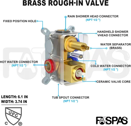 Vista 5 de Sistema de ducha dorado cepillado con cabezal de ducha de lluvia de 10 pulgadas y boquilla de bañera cUPC-certified pressure balance brass valve