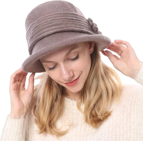 Vista 36 de C-US - Gorro de punto cálido para mujer, con visera de ganchillo con acento de flores