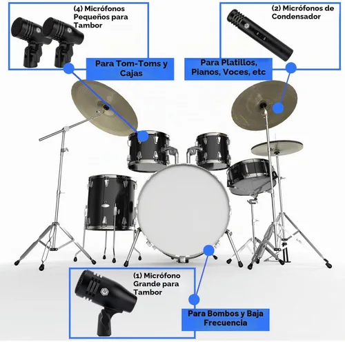 Vista 7 de W IN-MIX Kit de micrófono de tambor dinámico con cable de 7 piezas (completamente metálico) - Micrófono para patada, graves, tom/redoblante