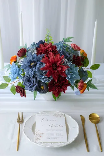 Vista 4 de Paquete combinado de flores artificiales burdeos, arreglo combinado de flores de boda azul marino y burdeos para ramos de boda, arreglos combinados