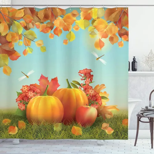 Vista 9 de Ambesonne Cortina de ducha de ciervos, ciervos en el bosque, colores otoñales, árboles, follaje, arte estacional, tela de tela, juego de decoración