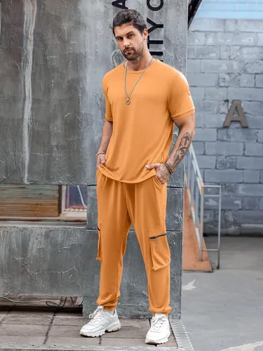 Vista 7 de Babioboa Conjunto de 2 piezas de camiseta y pantalones deportivos para hombre, con bolsillo con solapa, pantalones deportivos holgados y lisos